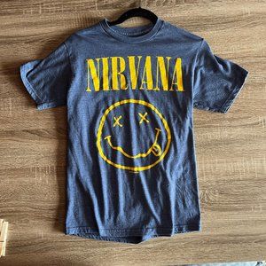 NIRVANA Official Unisex Light Blue Smiley Happy Face Tee Shirt Small